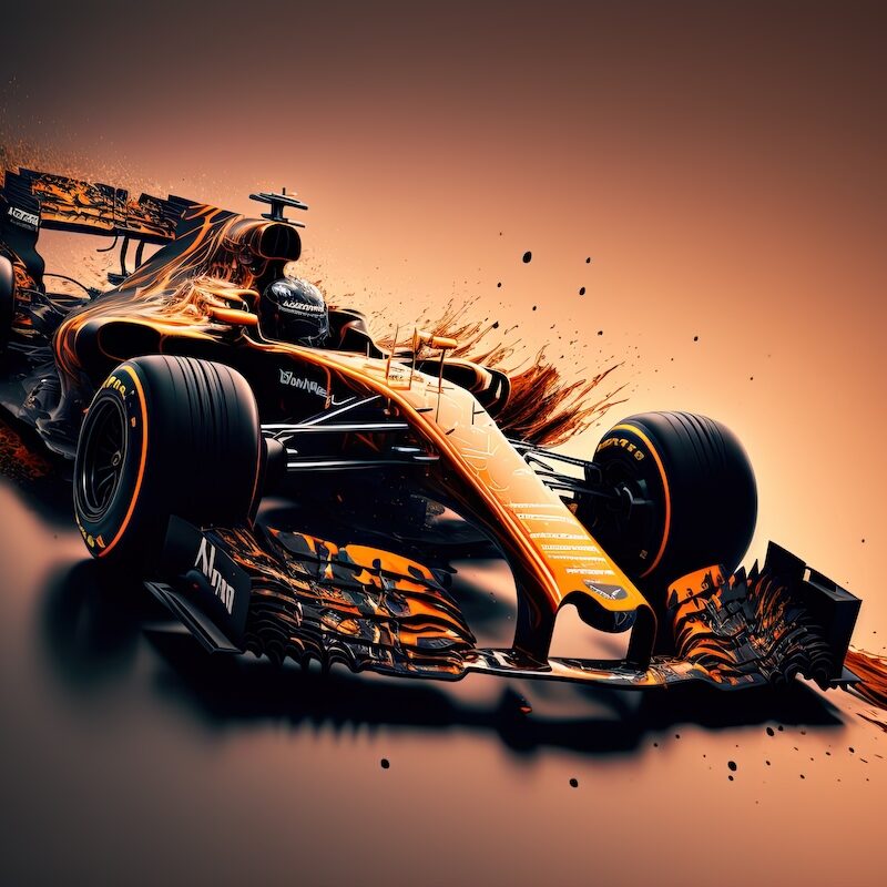 Illustration artistique d'une monoplace de Formule 1 noire et orange en pleine accélération, symbolisant la vitesse et la route vers la victoire.