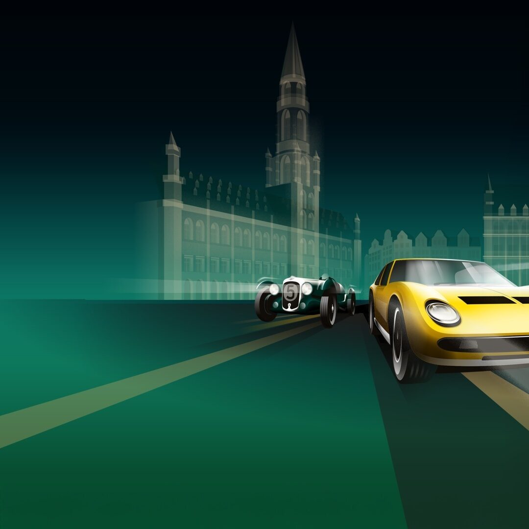 Bannière InterClassics Brussels 2025 illustrant des voitures de légende sur la Grand-Place de Bruxelles, annonçant le concours d'entrées gratuites.