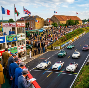 Départ d'une course de voitures classiques de collection sur le circuit de Chimay dans les années 50.