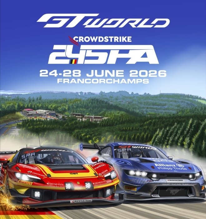 Affiche officielle de la course CrowdStrike 24 Hours of Spa 2026 à Francorchamps du 24 au 28 juin avec une Ferrari et une Ford Mustang GT3 sur la piste.