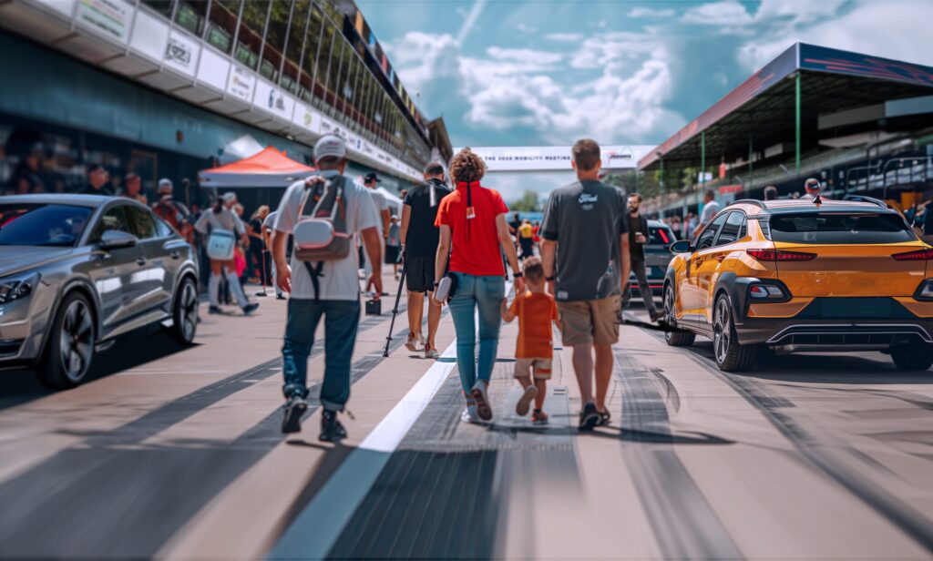 Famille marchant dans la pitlane lors du rassemblement automobile FLEET EV Experience Days au Circuit de Zolder.