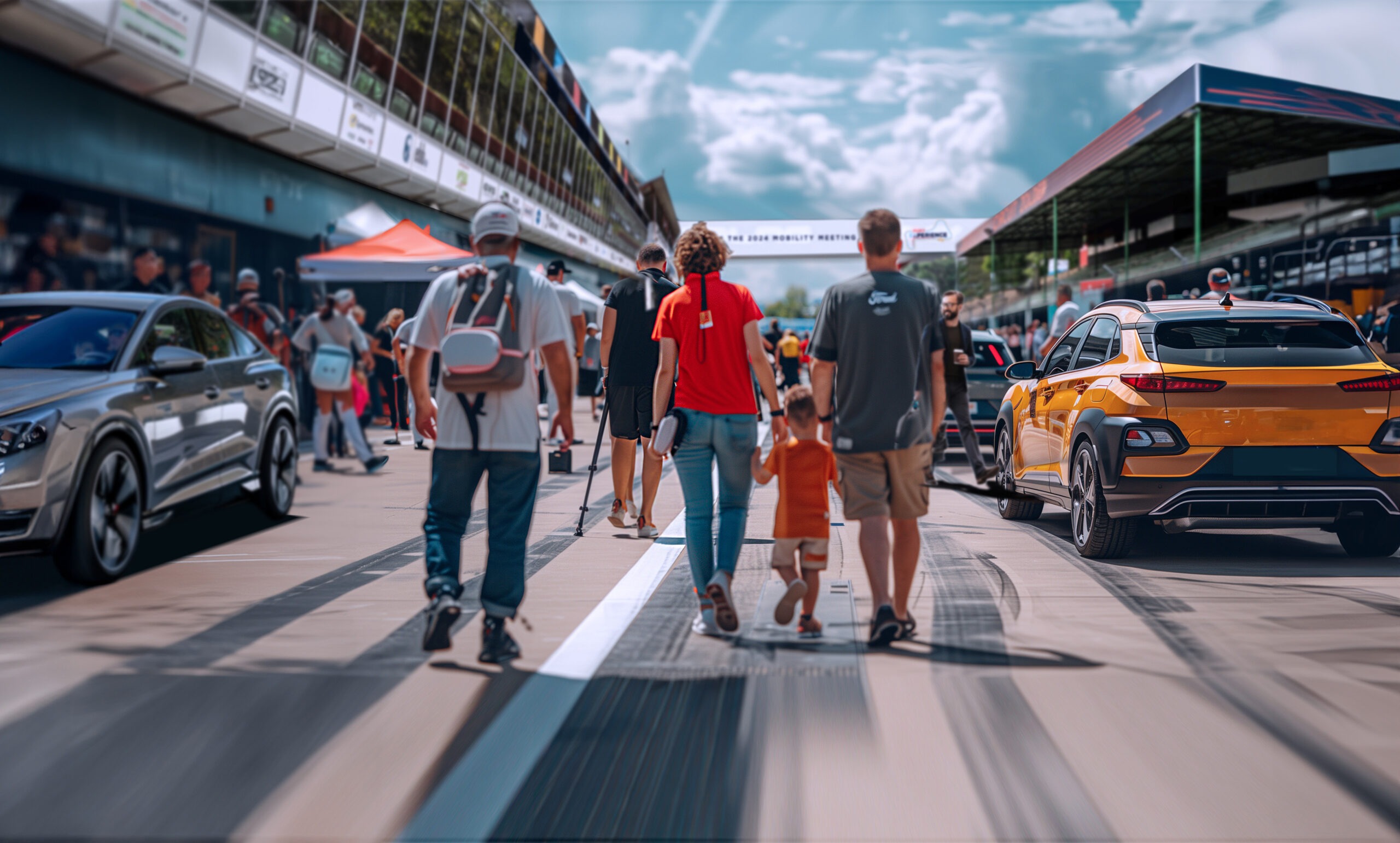 Famille marchant dans la pitlane lors du rassemblement automobile FLEET EV Experience Days au Circuit de Zolder.